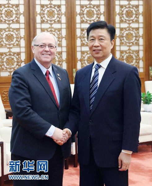 1月4日，中國國家副主席李源潮在北京人民大會堂會見加拿大參議長富里。新華社記者 姚大偉 攝