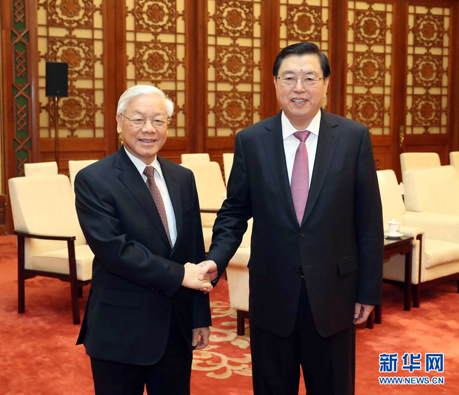 1月13日，中共中央政治局常委、全國人大常委會委員長張德江在北京人民大會堂會見越共中央總書記阮富仲。 新華社記者 劉衛(wèi)兵 攝