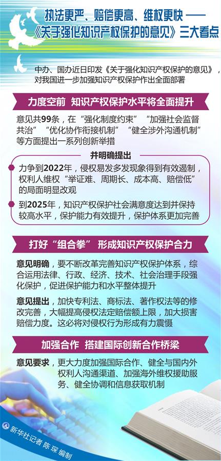 （圖表）[新華調(diào)查]執(zhí)法更嚴(yán)、賠償更高、維權(quán)更快——《關(guān)于強(qiáng)化知識產(chǎn)權(quán)保護(hù)的意見》三大看點(diǎn)