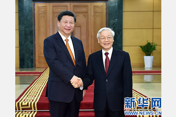 11月5日，中共中央總書記、國家主席習(xí)近平在河內(nèi)同越共中央總書記阮富仲舉行會談。 新華社記者李濤攝