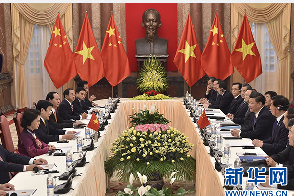 11月6日，中共中央總書記、國家主席習近平在河內(nèi)同越南國家主席張晉創(chuàng)舉行會談。 新華社記者李濤攝
